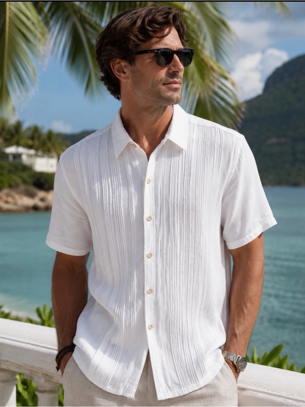 Tasso Elba Island Linen Cotton Pleated Camp Shirt XL Tropical Resort Casual